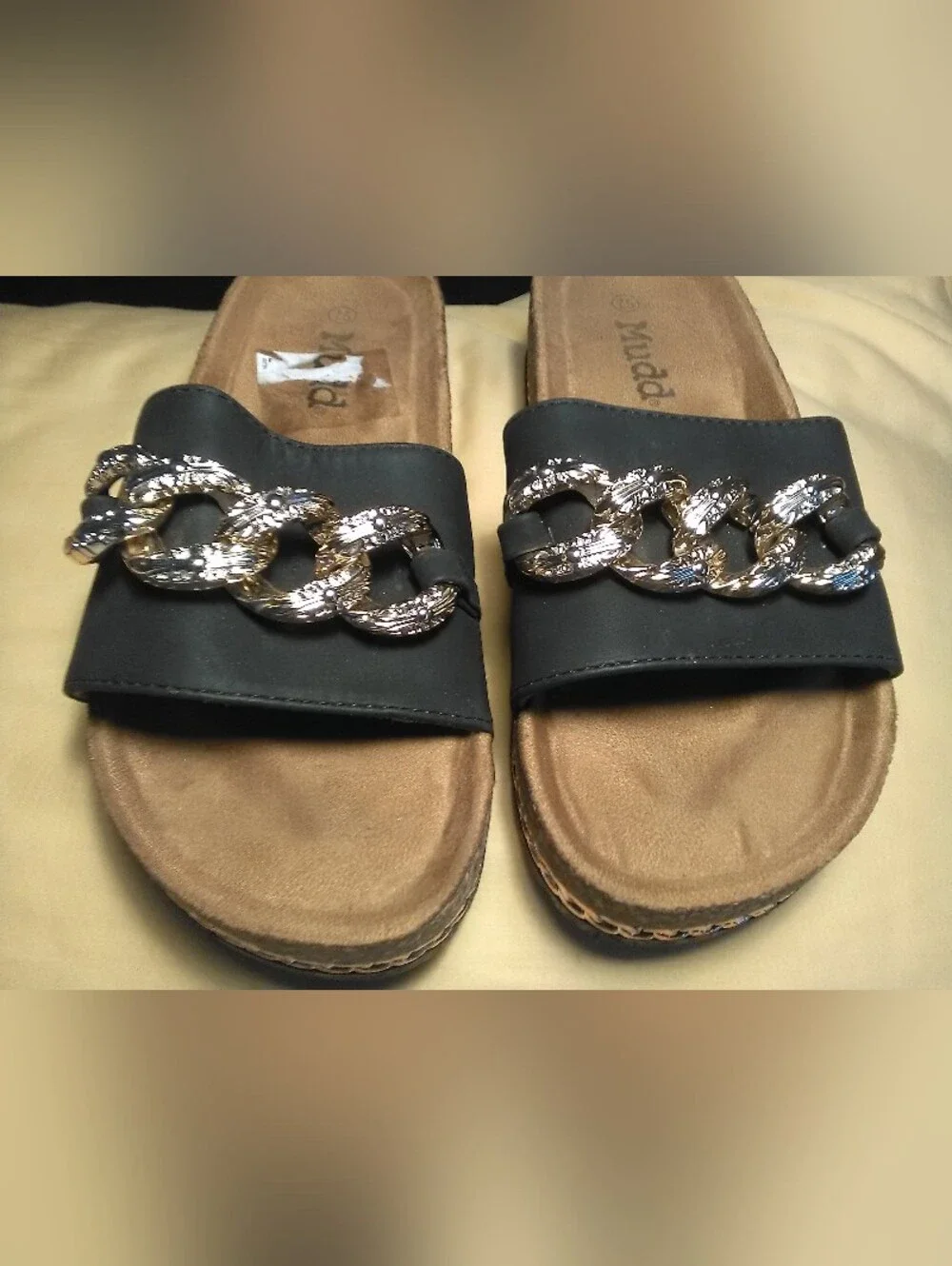 NWT Mudd Black Slide Sandals w/ Gold Chain Accent SZ 38/ 7.5 CHUNKY